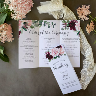 Blush Burgundy Tri-Fold Wedding Program Memory Flyer
