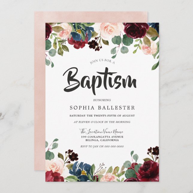 Blush & Burgundy Watercolor Floral Baptism Invitation (Front/Back)