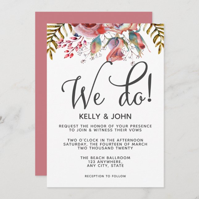 Blush Burgundy Watercolor Floral Wedding  Invitation (Front/Back)