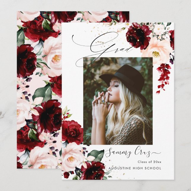 Blush Burgundy Watercolor Flowers  Graduation Announcement (Front/Back)