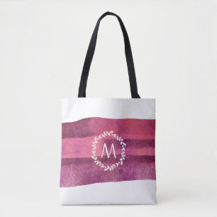 Blush & Burgundy Watercolor Leaf Wreath Monogram Tote Bag