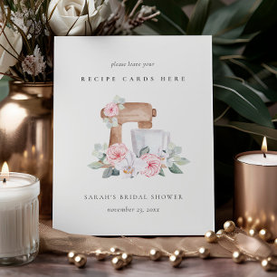 Blush Cake Mixer Floral Recipe Card Bridal Shower Pedestal Sign