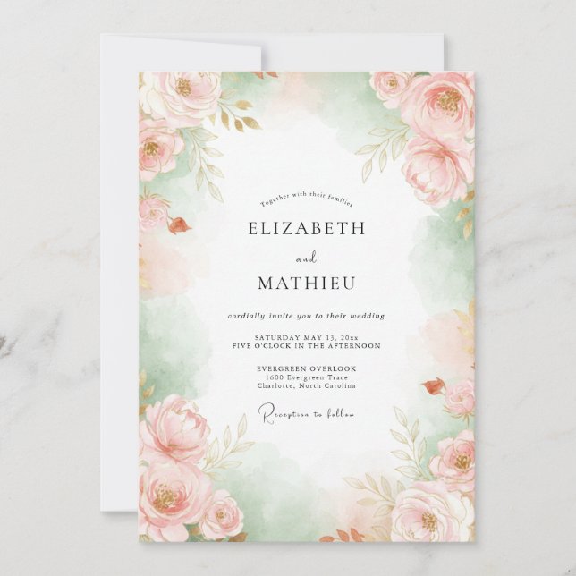 Blush Celadon Blossom Wedding Invitation (Front)