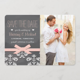 Blush Chalkboard Lace and Bow Save the Date Card