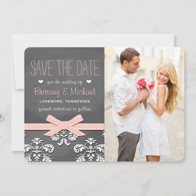 Blush Chalkboard Lace and Bow Save the Date Card (Front)