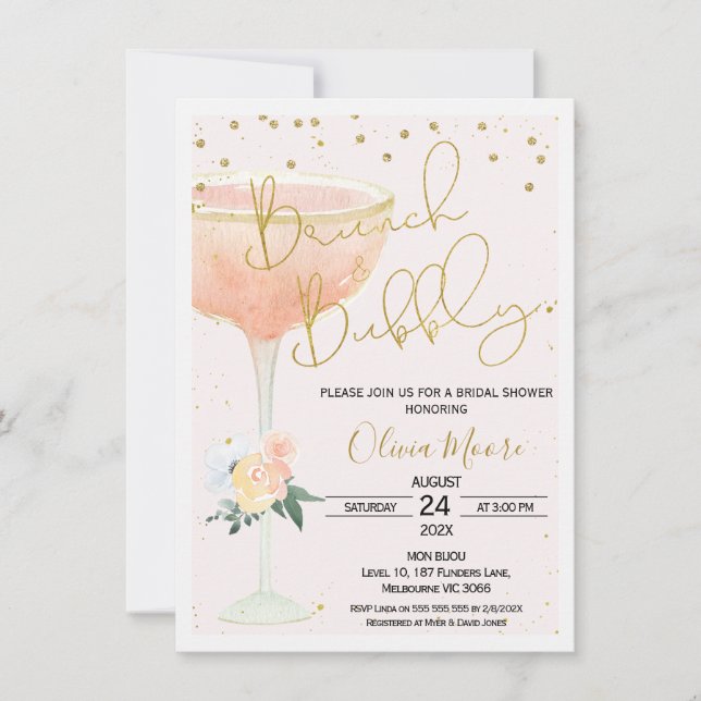 Blush Champagne Brunch Bubbly Bridal Shower Invitation (Front)