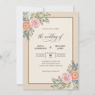 Blush Champagne Coral Painted Wedding Invitation
