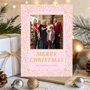 Blush & Champagne Gold Family Christmas Photo Holiday Card