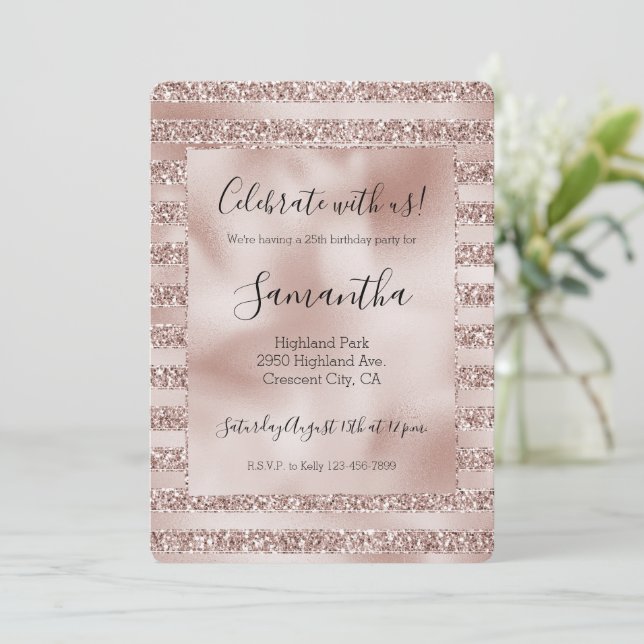 Blush Champagne Pink Glitter Glam Stripes    Invitation (Standing Front)
