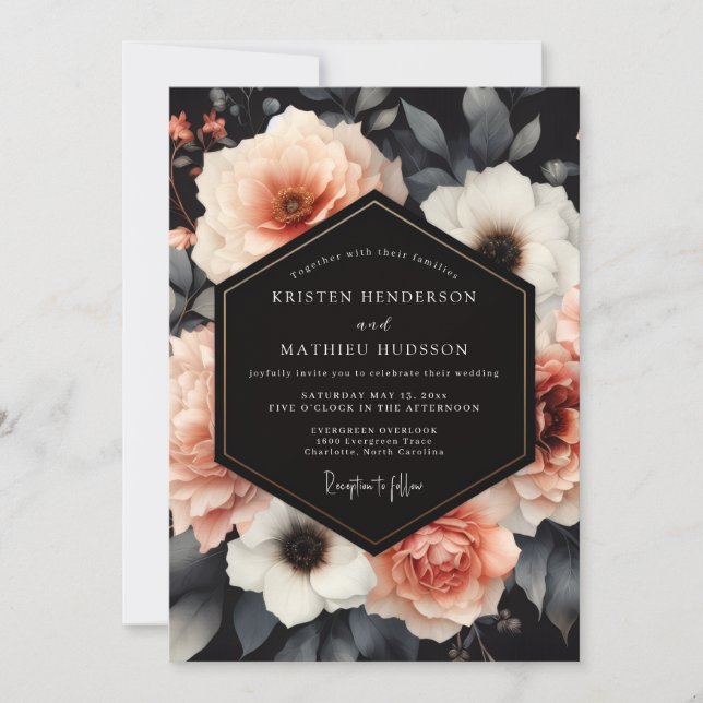 Blush Charcoal Nocturne Bloom Wedding Invitation (Front)