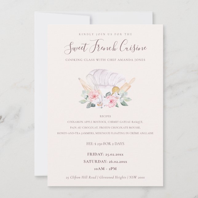 Blush Chef Hat Floral Bakery Cooking Class Invite (Front)