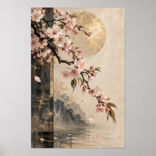 Blush Cherry Blossom Golden Moon Wall Art