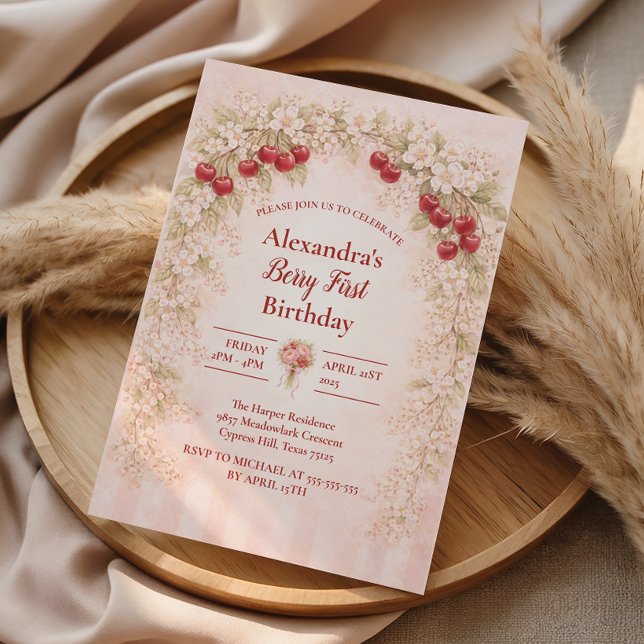Blush Cherry Botanical Party 1st Birthday Invitation (Creator Uploaded)