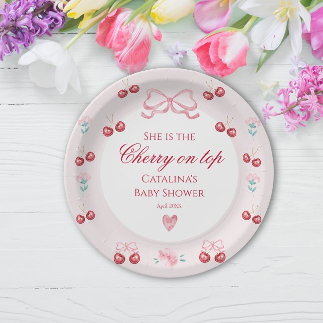 Blush Cherry On Top Baby Shower Party Paper Plate (Creator Uploaded)