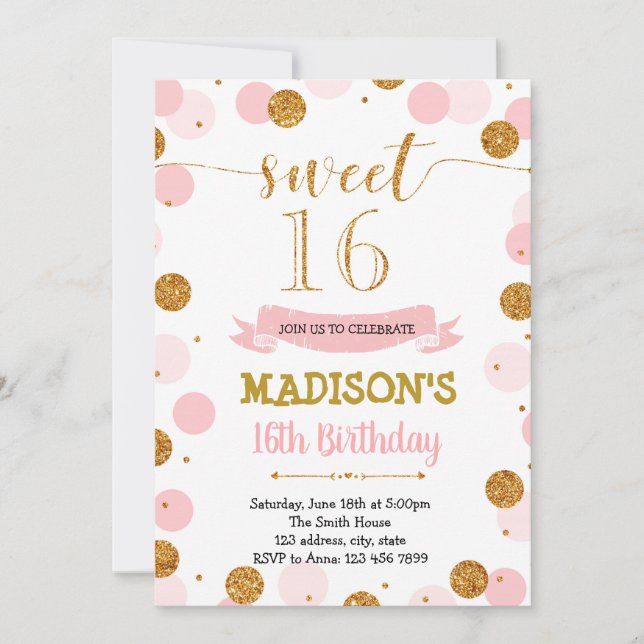 Blush confetti 16th birthday invitation (Front)