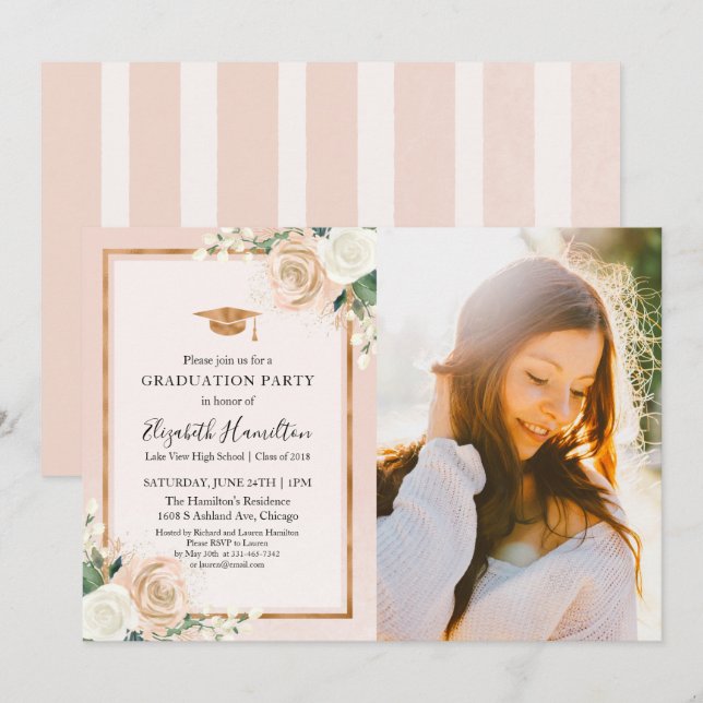 Blush & Copper Floral Graduation Party Photo Invitation (Front/Back)