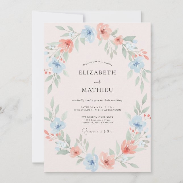 Blush Coral Azure Painted Wedding Invitation (Front)