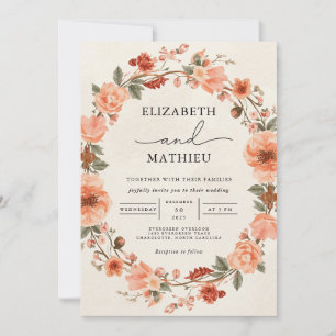 Blush Coral Floral Wreath Wedding Invitation