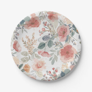 Blush Coral Garden Floral Watercolor Pattern Paper Plate