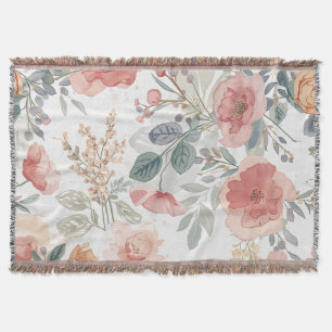 Blush Coral Garden Floral Watercolor Pattern Throw Blanket