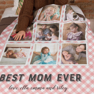Blush Coral Gingham Best Mum Ever Photo Collage Fleece Blanket