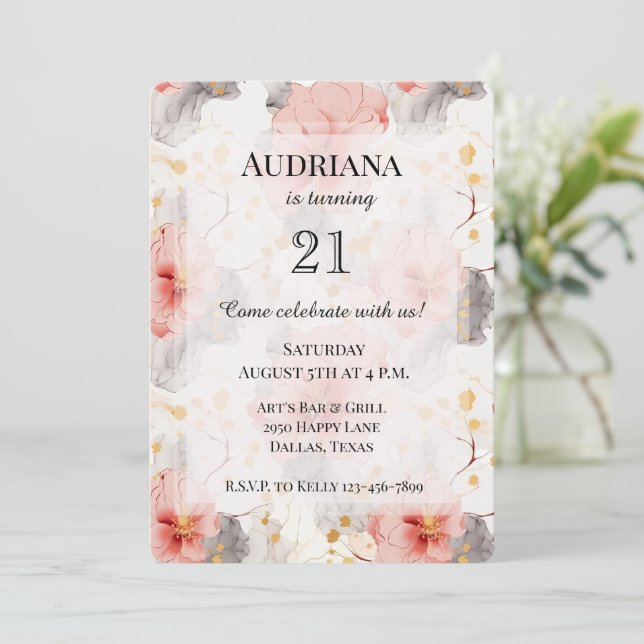 Blush Coral Grey Floral Birthday Invitation (Standing Front)