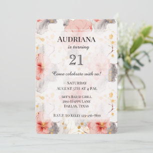 Blush Coral Grey Floral Birthday Invitation