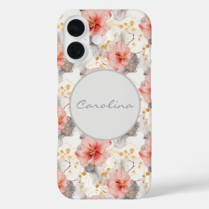 Blush Coral Grey Floral iPhone 16 Case