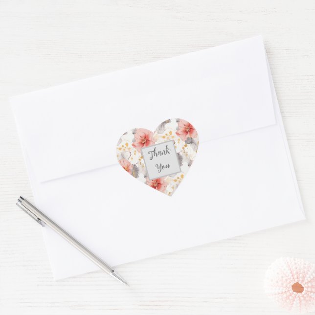 Blush Coral Grey Floral Wedding Heart Sticker (Envelope)