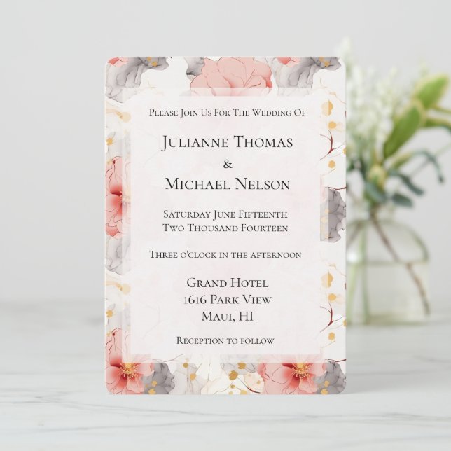 Blush Coral Grey Floral Wedding  Invitation (Standing Front)