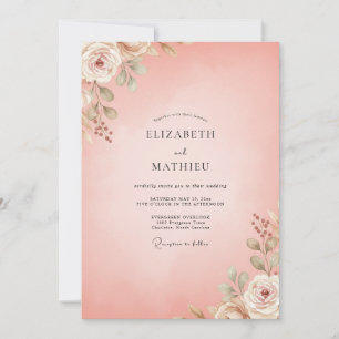 Blush Coral Painted Leaf Wedding Invitation