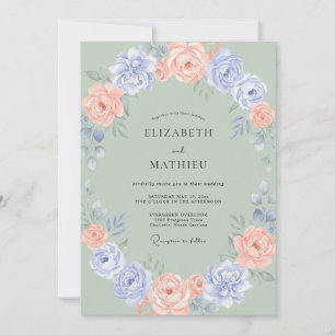 Blush Coral Periwinkle Wreath Wedding Invitation