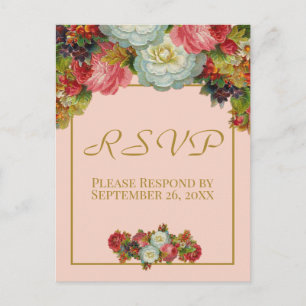Blush Coral Pink Autumn Floral Wedding RSVP Postcard
