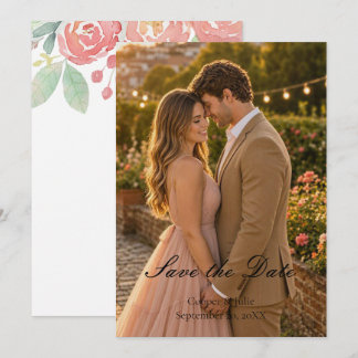Blush Coral Watercolor Floral Photo Save the Date Thank You Card