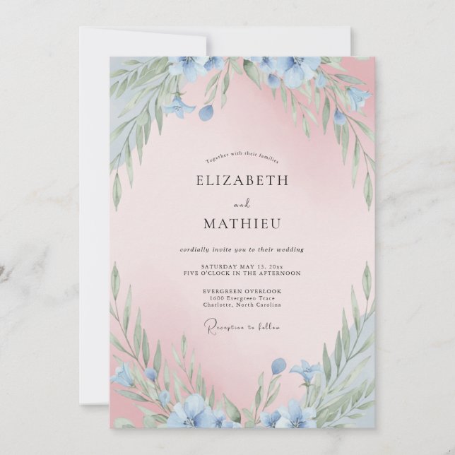 Blush Cornflower Eucalyptus Wedding Invitation (Front)