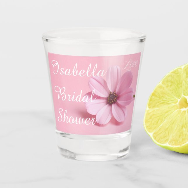 Blush Cosmos Floral Bridal Shower Script Design Shot Glass (Front)