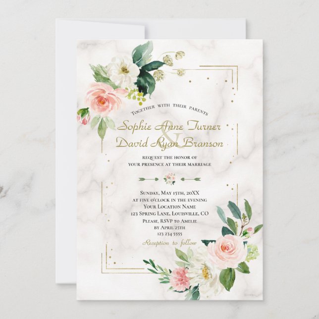 Blush Cream Floral Gold Glitter Marble Wedding Invitation (Front)