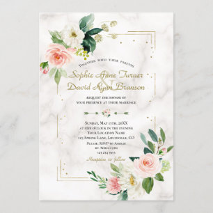 Blush Cream Floral Gold Glitter Marble Wedding Invitation