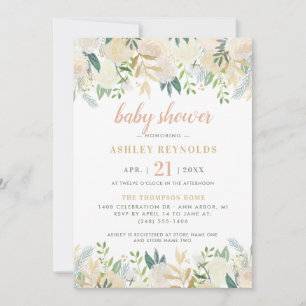 Blush Cream Gold Floral Greenery Girl Baby Shower Invitation