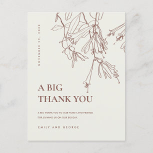 BLUSH CREAM LINE DRAWING FLORAL WEDDING THANK YOU ANNOUNCEMENT POSTCARD