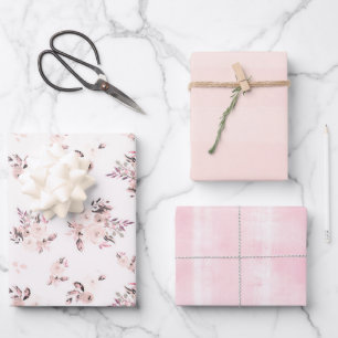 Blush & Cream Watercolor Floral and Subtle Stripes Wrapping Paper Sheet