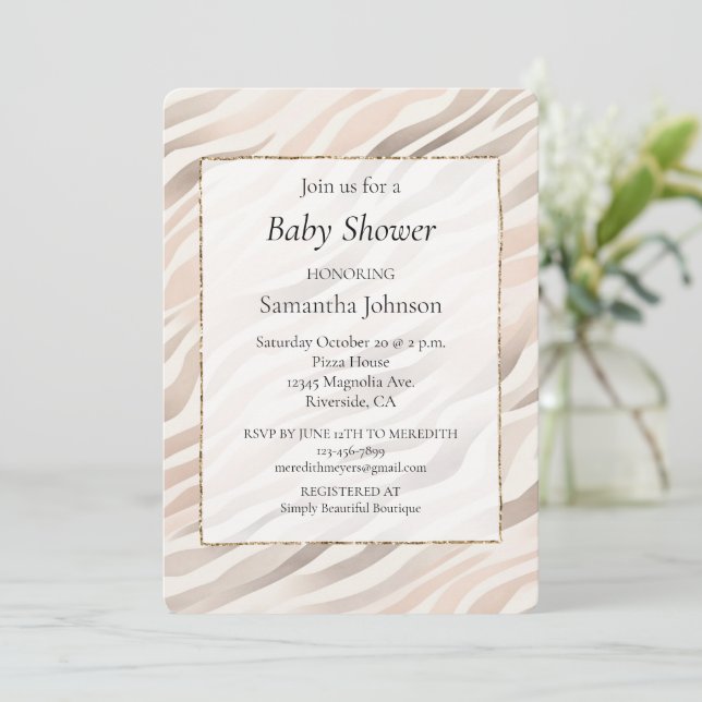 Blush Cream Zebra Animal Print Baby Shower Invitation (Standing Front)