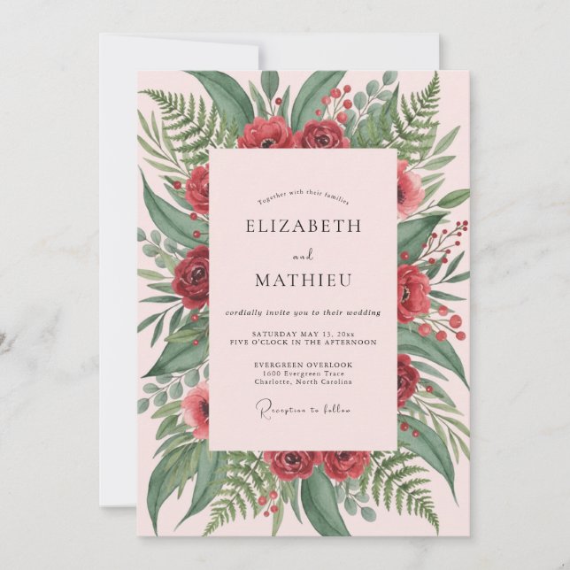 Blush Crimson Fern Wedding Invitation (Front)