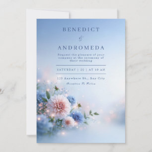 Blush Dahlia Blue Mist Bouquet Wedding Invitation