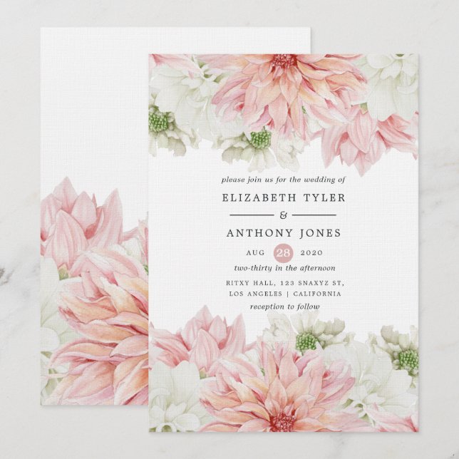 Blush Dahlias Floral Wedding Invitation (Front/Back)