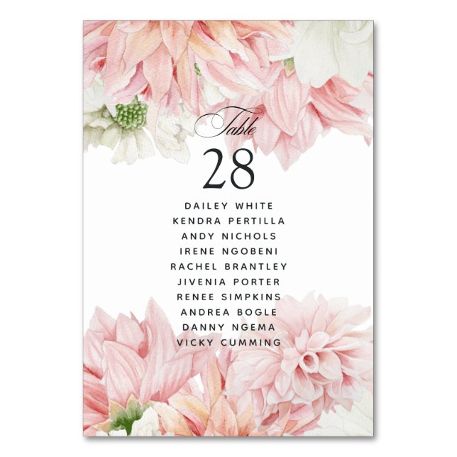 Blush Dahlias Floral Wedding Table Number (Front)