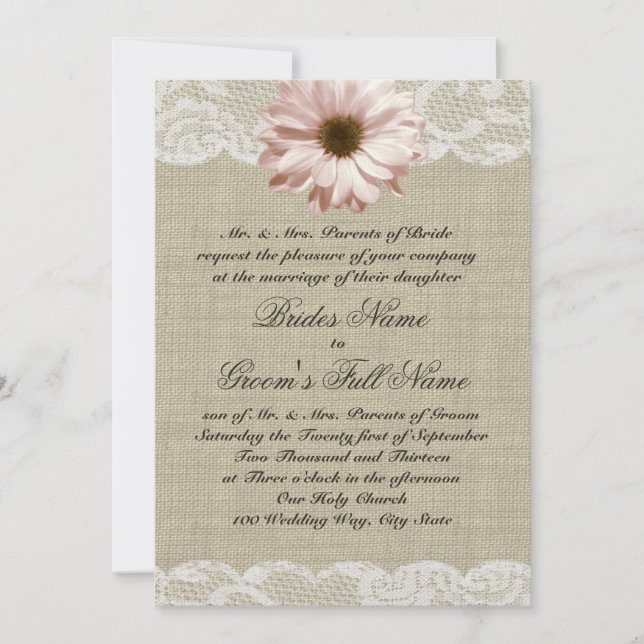Blush Daisy and Lace Country Burlap Wedding Invitation (Front)