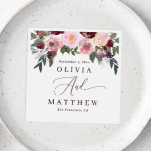 Blush & Deep Red Floral Wedding Watercolor Rose Napkin