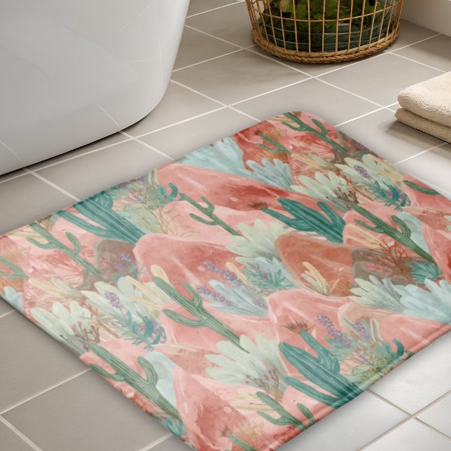 Blush Desert Bloom Watercolor Garden Bath Mat (Blush desert bath mat with watercolor cacti, terracotta canyons, and soft sage green desert blooms.)