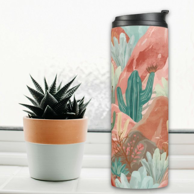 Blush Desert Bloom Watercolor Landscape Thermal Tumbler (Blush desert tumbler with watercolor cacti, terracotta canyons, and soft sage green desert blooms.)